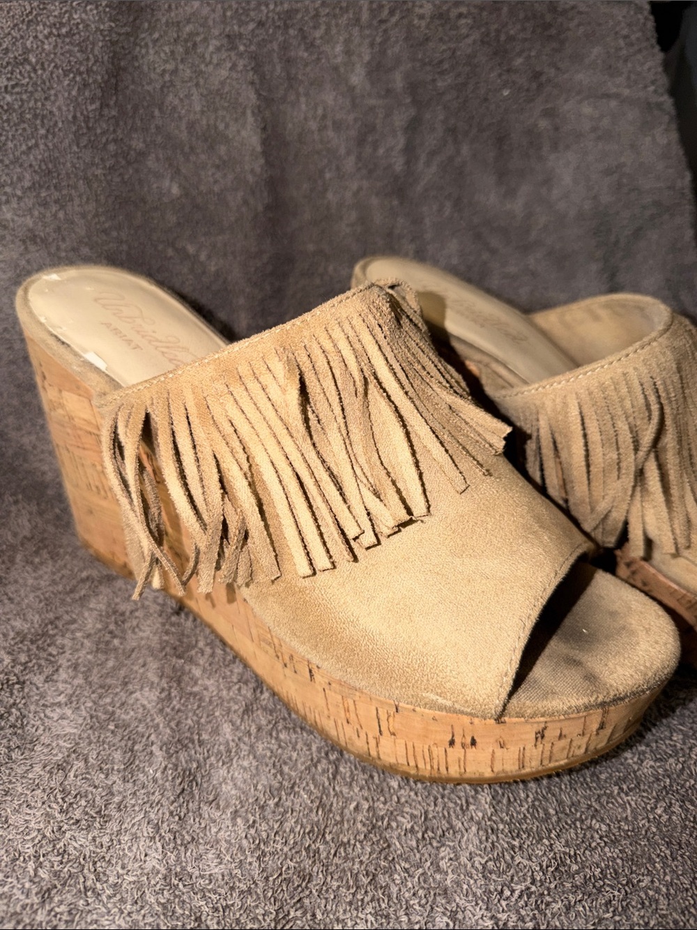 Unbridled Ariat Fringed Cork Wedge Slide Sandals in Tan